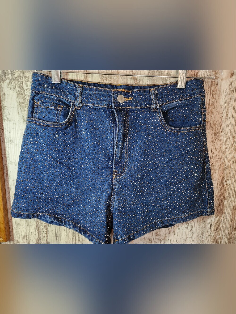 Daisy Embellished Rhinestone Shimmer Dark Blue High-Rise Jean Shorts Like New